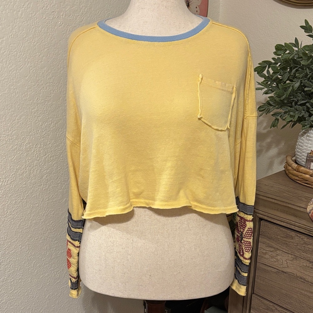 We The Free Yellow Cropped Long Sleeve Tee with Embroidered Sleeves - Picture 2 of 7